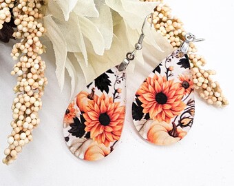 Fall Floral Teardrop Earrings: Sunflower Pumpkin Acrylic Jewelry