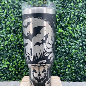 Laser Engraved Halloween Tumbler: Pumpkin, Sunflower & Bats - 40oz