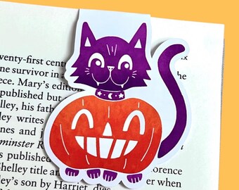 Cute Halloween Pumpkin Cat Magnetic Bookmark | Book Accessory Small Gift Readers Book Lovers Spooky Seasonal Bookish Reading Book Club