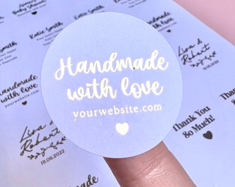 Handmade With Love Foiled Stickers | White Personalised Website Foiled Labels | Custom Self Adhesive 37mm Round Stickers