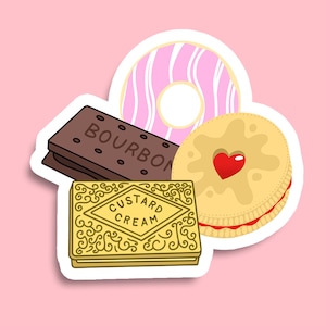 May include: A collection of illustrated stickers featuring various baked goods. Includes a pink frosted donut, a chocolate Bourbon biscuit, a custard cream biscuit, and a heart-shaped jam sandwich cookie, all with white outlines, set against a pink background.