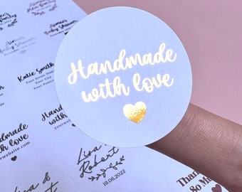 Handmade With Love Foiled Stickers | White Personalised Made With Love Foiled Labels | Custom Self Adhesive 37mm Round Stickers