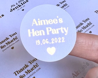 Custom Hen Party Foiled Stickers | White Bride To Be Personalised Foiled Labels | Custom Self Adhesive 37mm Round Stickers