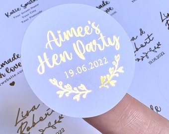 Custom Hen Party Foliage Foiled Stickers | White Bride To Be Personalised Foiled Labels | Custom Self Adhesive 37mm Round Stickers