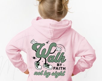 May include: Pink hooded sweatshirt with a green graphic on the back that says "Walk by faith not by sight".
