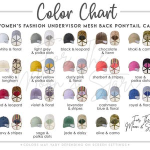 Pu&ograve; includere: Tabella colori di cappellini da donna con visiera e retro in rete, progettati per code di cavallo. Vengono mostrati vari colori e motivi, tra cui bianco e floreale, grigio chiaro e pois, nero e leopardato. Il testo recita "For The Moon & Stars."