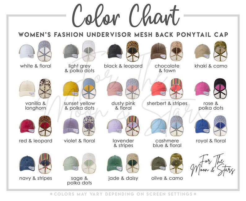 Pu&ograve; includere: Tabella colori di cappellini da donna con visiera e retro in rete, progettati per code di cavallo. Vengono mostrati vari colori e motivi, tra cui bianco e floreale, grigio chiaro e pois, nero e leopardato. Il testo recita "For The Moon & Stars."
