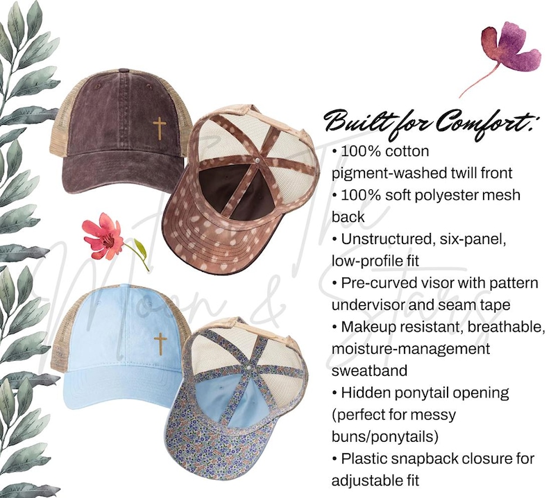 Pu&ograve; includere: Diverse cappellini da baseball in colori come marrone e azzurro, ognuno con un retro in rete e una croce. Il testo "Built for Comfort" &egrave; visibile. Questi cappellini hanno una visiera precurvata e un'apertura per code di cavallo.