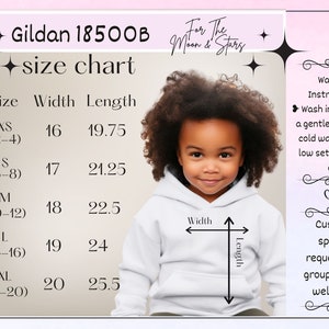 Puede incluir: Tabla de tallas para sudaderas Gildan 18500B, que muestra las medidas de ancho y largo en pulgadas para las tallas XS (2-4), S (6-8), M (10-12), L (14-16) y XL (18-20). Se incluyen instrucciones de lavado: lavar del rev&eacute;s en un ciclo suave con agua fr&iacute;a, secar a baja temperatura al aire.