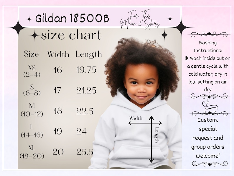 Puede incluir: Tabla de tallas para sudaderas Gildan 18500B, que muestra las medidas de ancho y largo en pulgadas para las tallas XS (2-4), S (6-8), M (10-12), L (14-16) y XL (18-20). Se incluyen instrucciones de lavado: lavar del rev&eacute;s en un ciclo suave con agua fr&iacute;a, secar a baja temperatura al aire.