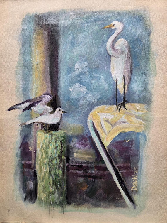 9x12 Original on watercolor paper ~ Seagull & Egret