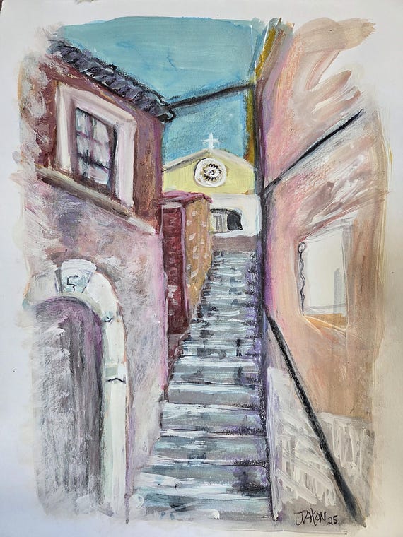 9x12 Original Acrylic on Paper - Castemola Street Scene