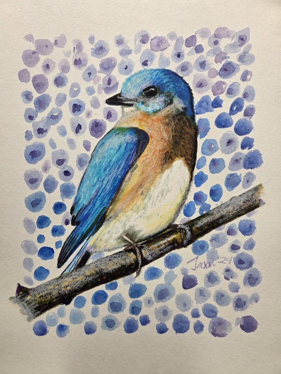 9x12 Original Illustration - Bluebird with berries