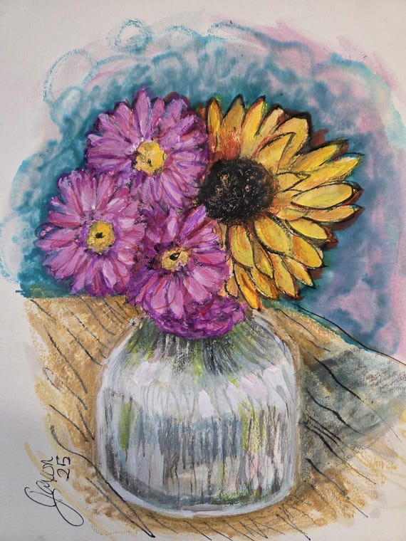 Colorful Flowers Ink Drawing