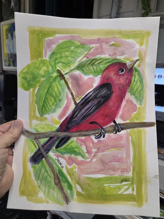 9x12 Original Acrylic on watercolor paper ~ Red Tanager