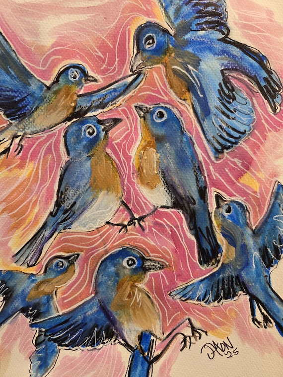 9x12 Original Illustration - Bluebird Flock