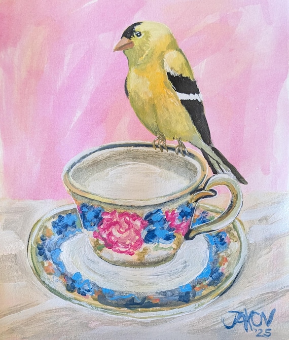 9x12 Original on watercolor paper ~ Bird on a cup