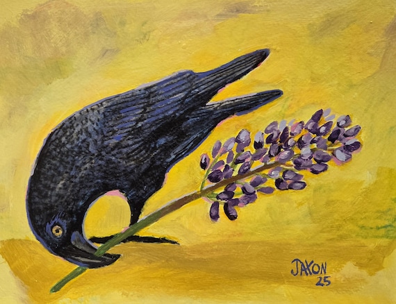 Crow With Blue Ginger - Original Acrylic on watercolor paper