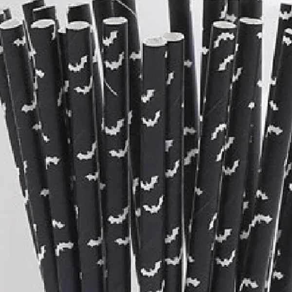 Bats on Black Paper Straws, Set of 25