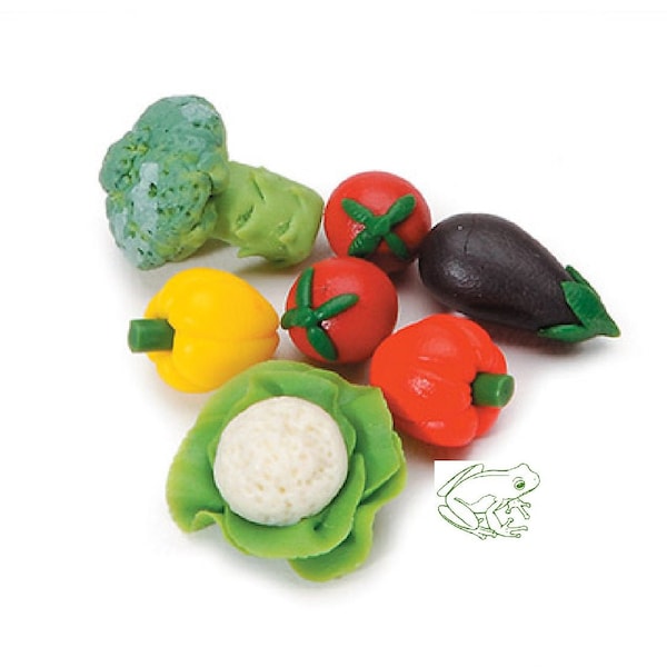 Mini Vegetable set with 2 tomatoes, broccoli, cauliflower, eggplant, red pepper, and yellow pepper, Make you dolls and fairies some veggies