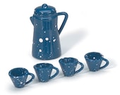 Coffee Pot with Cups in Blue with White Speckles, Add to a farmhouse kitchen, vintage model train scene, outdoor fairy camping ground