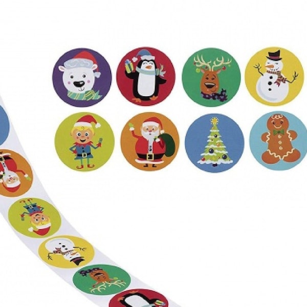 Christmas Character Sticker Roll, 500 stickers per roll with Polar Bears, Penguins, Reindeer, Santas, Snowmen, Gingerbread, Elves, Trees