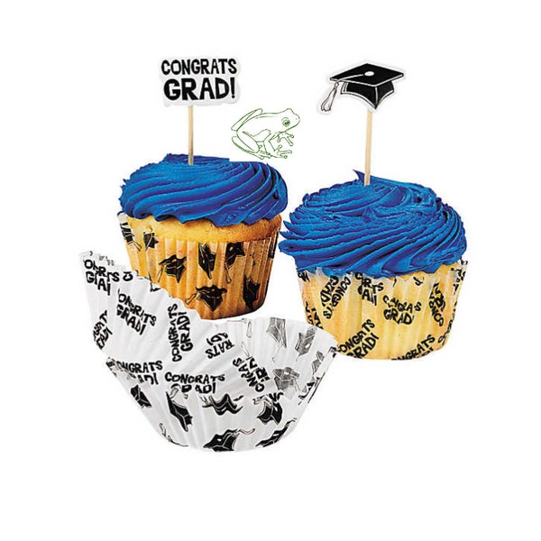 Graduation Cupcake Liners and Matching Picks, Set of 100 liners and 100 picks, Congrats Grad