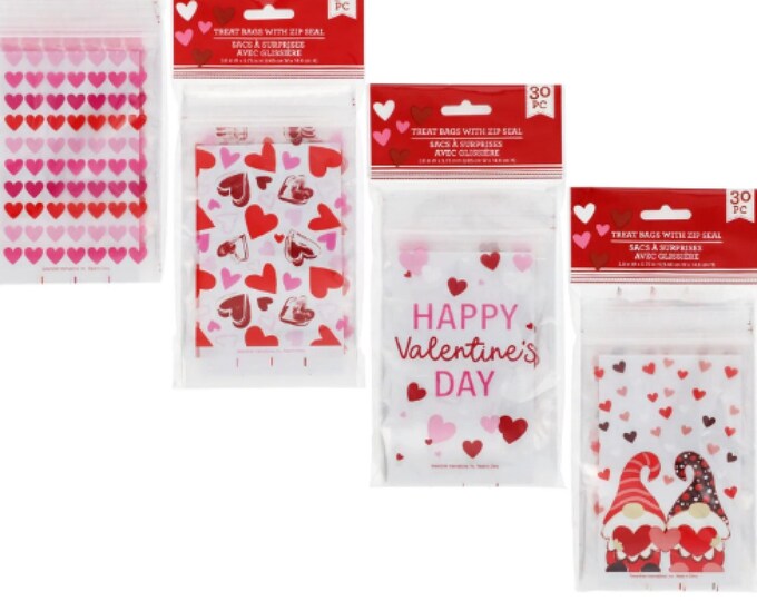 Valentine Zip Top Treat Bags, Set of 30 3.8x5.75 in Bags in 4 Designs
