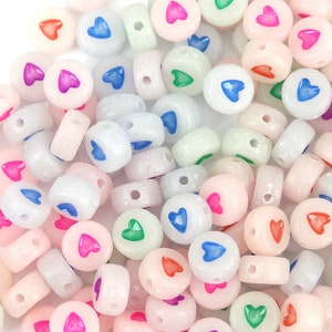 Glow in the Dark Heart Beads in a Variety of Colors, 7mm, Set of 50 with Pink, Green, Blue, Yellow, and Orange Hearts
