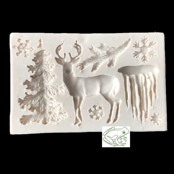 Winter Deer and Icicle Silicone Mold with Pine Trees, Snowflake, and Pine Boughs