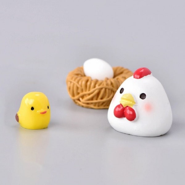 Chicken Family Set with a hen, nest, egg, and baby chick, Great for farm displays, terrariums, and ornaments