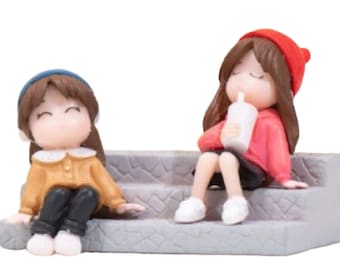 Friends on the Steps, Two Girl Figurines and a Set of Stairs, Made of Resin, Add to dioramas, terrariums, or ornaments