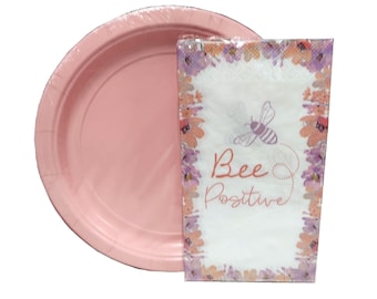 Bee Positive Watercolor Style Flower Napkin and Light Pink Paper Plate, Set, 20- 9" Plates and 14- 8" x 4.5" Napkins, Great for spring