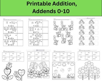 Spring Addition Worksheet with Addends 0-10 with sums up to 20, Set of 20 Worksheets, Practice and Math Coloring, Digital Download