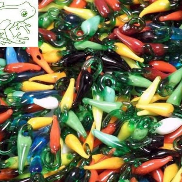25 Chili Pepper Charms, Glass, Blue Green Yellow Orange Red Black, 14 to 30mm x6mm, Cayenne Pepper Mix, Multi-colored,