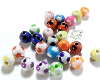 Soccer Ball Acrylic Beads: Multiple Colors, Set of 25, 8mm, Football Beads, Soccer Round Ball Bead