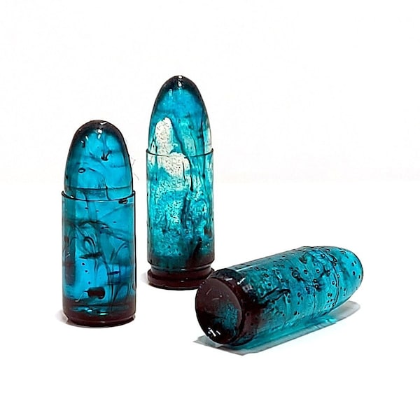 Teal Blue Resin Bullet Charms, Set of 3, 1 inch long, 9mm, Add to necklaces or earrings