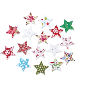 Houten knoop kerstster met 2 gaten en verschillende vakantiemotieven, set van 50, 1 inch