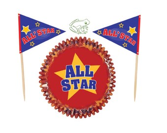 All Star Cupcake Kit, Set of 24, Standard Baking Cups, All Star Cupcake Toppers, Red and Blue with Stars