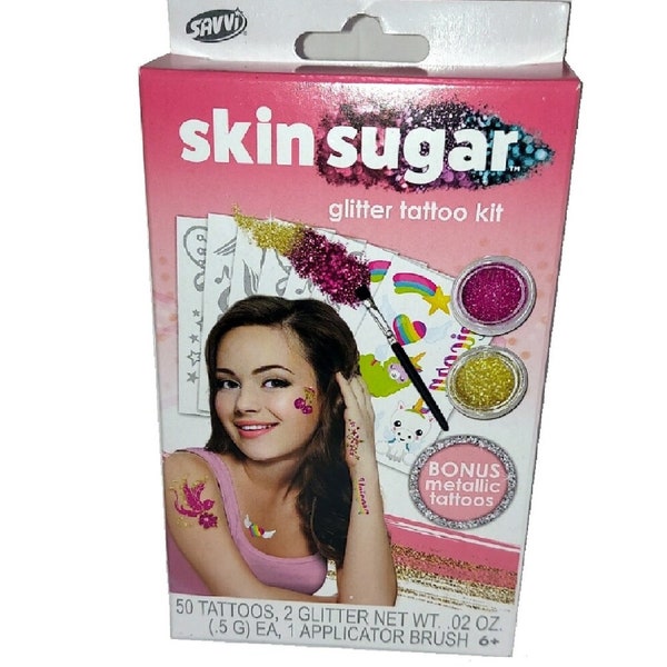 Glitter Tattoo Kit with Pink and Gold Glitter, 50 Tattoos, Applicator Brush with Bonus Metallic Tattoos