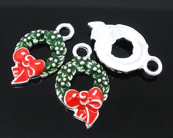 Christmas Wreath Enamel Charms, Set of 5, 25x15mm