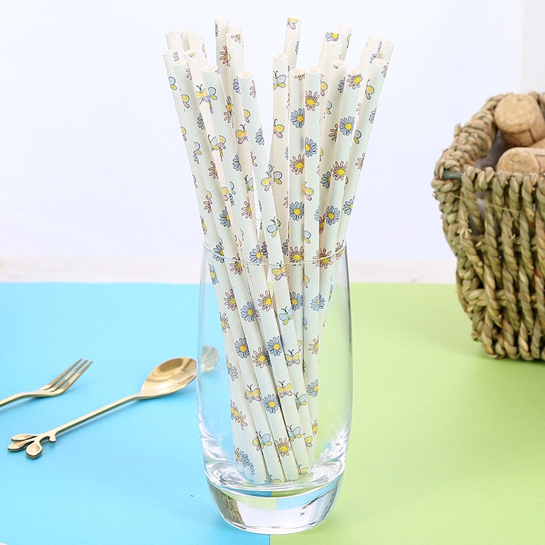 Daisy and Butterfly Straws Set of 25 Eco Friendly Straws Garden Tea Party Straws Flower Paper Straws