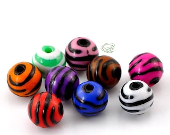 Acrylic Beads: Colored Zebra Print Balls, Set of 20, 12mm, Acrylic Zebra Beads, Safari Print Beads, Spacer Beads, Animal Print, ACB046