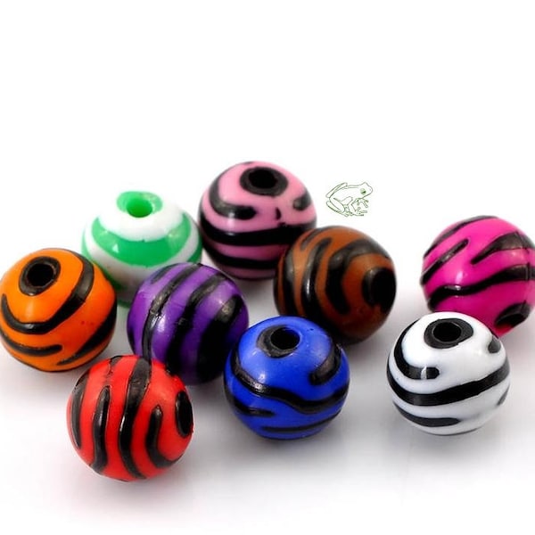 Acrylic Beads: Colored Zebra Print Balls, Set of 20, 12mm, Acrylic Zebra Beads, Safari Print Beads, Spacer Beads, Animal Print, ACB046