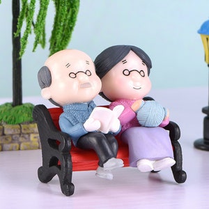 Elderly Couple Miniature Figurines with a Boy, a Girl and a bench, Made of Resin, Add to dioramas, terrariums, cakes, or ornaments