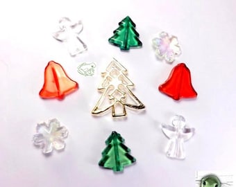 Christmas Acrylic Beads, Set of 9, Comes with 2 green Christmas pine trees, 1 Gold Tree, 2 red bells, 2 clear snowflakes and 2 clear angels