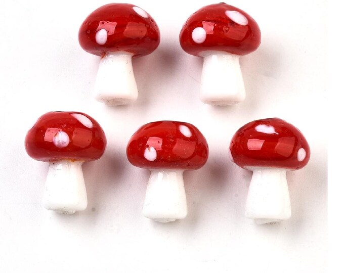 Red and White Mushroom Beads, Set of 20 Lampwork Glass Beads, 19x14.5mm