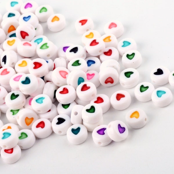 Heart Beads in a Variety of Colors, 7mm, Set of 25 with a random mix of  Pink, Green, Blue, Yellow, Red, Black, and Teal Hearts