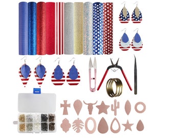 Red, White and Blue Faux Leather Kit - 10 Pieces of PU Leather, Ear Hooks, Jump rings, Punch Pliers, Tweezers, Ring Opener, and 14 templates