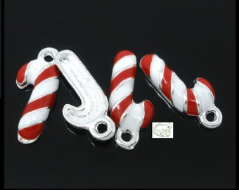 Enamel Charms: Candy Canes, Set of 5, 19x8mm, Christmas Charms, Christmas July, Candy Charm, Peppermint Stick, Candy Stick, Holiday, Stripes